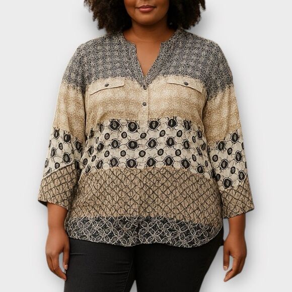 Calvin Klein Mixed Print Button Down Long Sleeve Top Size 3x - Picture 1 of 5